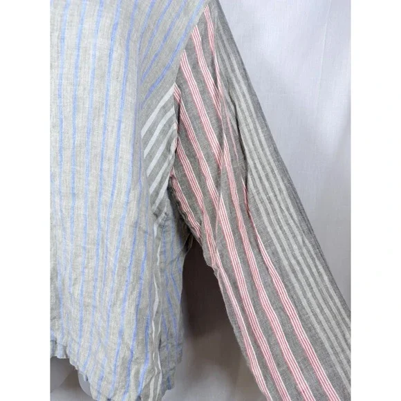FLAX Linen Stripe Top L Made in Lithuania Blue Red Oversized Boxy Coastal Boho - Picture 8 of 11